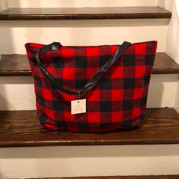 RED BLACK BUFFALO PLAID Flannel Christmas Holiday Tote Bag With Zipper Closure - Picture 3 of 8